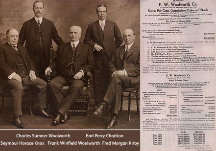 The founders of the F. W. Woolworth Co. which was formed from the merger of six Five  and Ten Cent Store chains in 1912.  William H. Moore was also a founder but does not appear in the picture. He is featured elsewhere on the website.