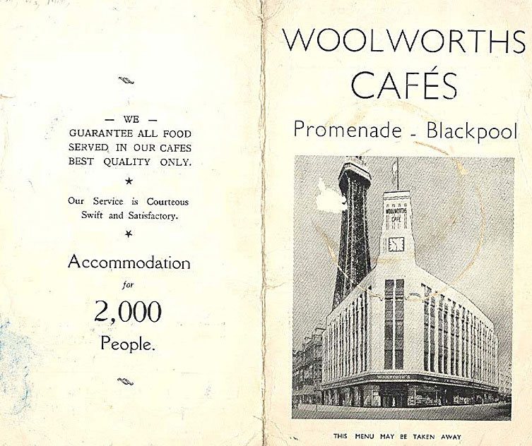 Front cover of the wartime menu at the F. W. Woolworth restaurant in Blackpool, September 22nd 1941. (With special thanks to Mrs Sybil Preece)