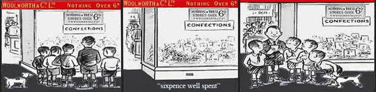 Sixpence well spent, a Woolworth's cartoon from the 1920s