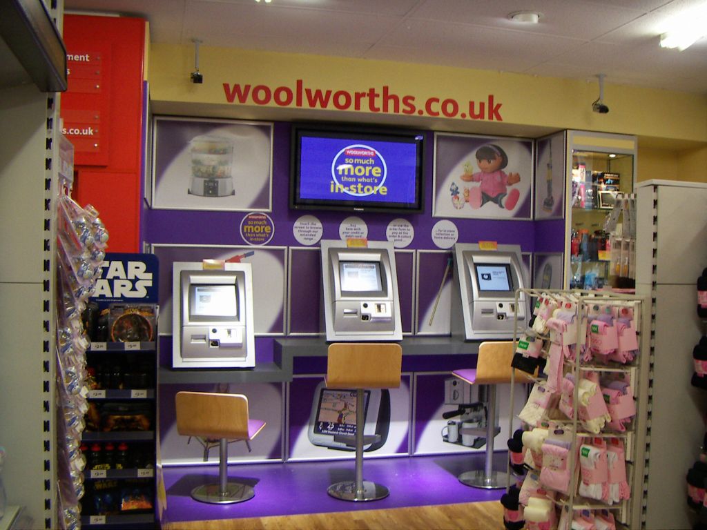 Shoppers could touch the screen to search Woolworths' entire range of 300,000 items from one of these kiosks at an order point on the back wall of the Kingswood store