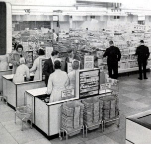 Checkouts in the food hall at the flag ship Birmingham Bull Ring F. W. Woolworth store in 1963.