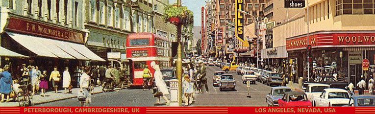 Two Woolworths 3,000 miles apart - on the left hand side of the street Peterborough in Cambridgeshire, England and on the right Los Angeles, Nevada, USA, both pictured in the early 1960s.