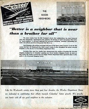 The first advertisement for Woolco - announcing the store in Columbus, Ohio - which appeared in The Columbus Dispatch Magazine on October 14th, 1962.  Click for a full size version