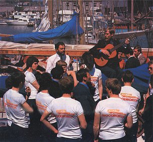 The crew of Great Britain II - a youth team - all in Wonder of Woolworth t-shirts at the launch in 1976.