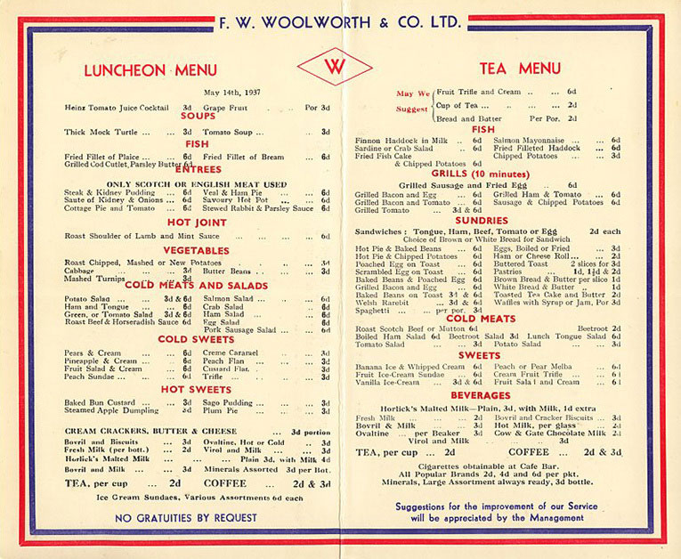 Festive fayre for Coronation Day, 1937, at the restaurant lunch counters of F. W. Woolworth