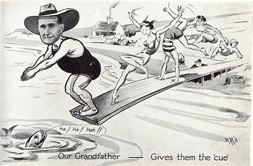 Cue became established in the role of Buyer more quickly than any of his predecessors. His hats and veilings made their mark, featuring in this lighthearted cartoon drawing of 'everyone's grandfather' which was drawn at the Company's Annual Dinner in 1935 and later issued in a bound volume to the attendeed. It is said that Herbet loved it!