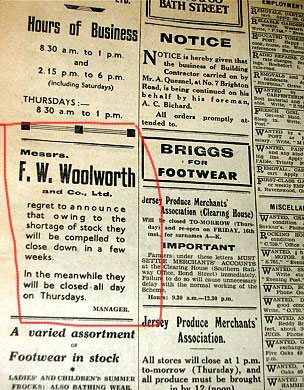 An advert from the Jersey Evening Post (in English despite the front page being printed in German) announces that Woolworths will have to close for period as stocks are running out