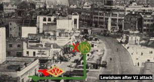 Lewisham High Street in 1944, scarred by a V1 attack which destroyed the Marks and Spencer store while the neighbouring Woolworths survived with superficial damage only