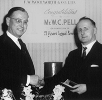 In March 1965, Superintendent Mr R.D. Collett commended Bill Pell on his outstanding contribution to Woolworth's over twenty-one years service, and presented him with a gold Omega watch as a thank-you from the Directors of the Company.