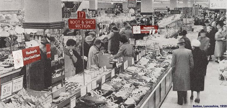 The Golden Jubilee sale in action at the Bolton, Lancashire store.  In an integrated campaign, signs in-store linked to the advertising on television and to the press advertisements published by Woolworth