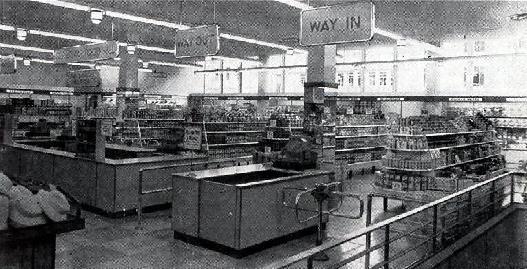 The food hall in the first Woolworths in Southern Rhodesia (Zimbabwe) in 1958. Like most features of the store interior it is identical to a store opened in Guildford, Surrey, UK in the same year.
