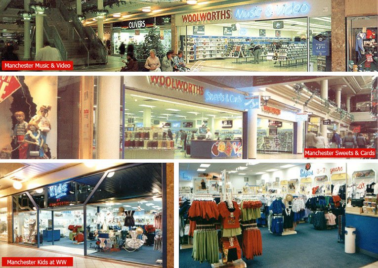 Three small 'limited story' Woolworths stores in the Arndale Centre, Manchester in the late 1980s