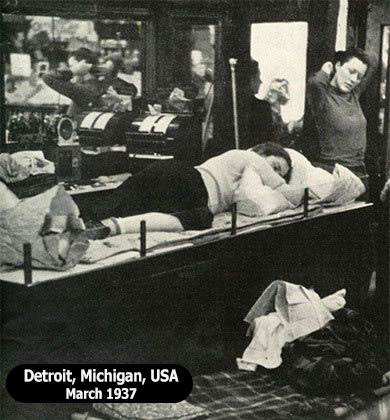 Five-and-ten girls took over the large Woolworth store in Detroit, Michigan in a sit-in and sleep-in protest in March 1937. They were fighting for union recognition and a minimum wage of $8 a week.
