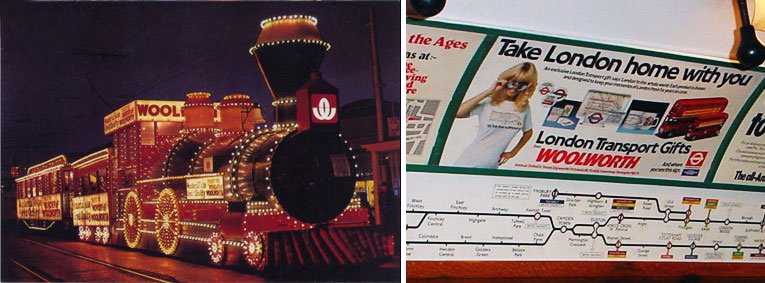 Trams and tube trains: left a Wonder of Woolworth tram at Blackpool in 1977, right: take London home with you, a Woolworth advertisement on the London Tube in 1980/81