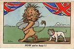 The lion boasts 'NOW we're busy !!' in this patriotic postcard from the shelves of Woolworths during World War One