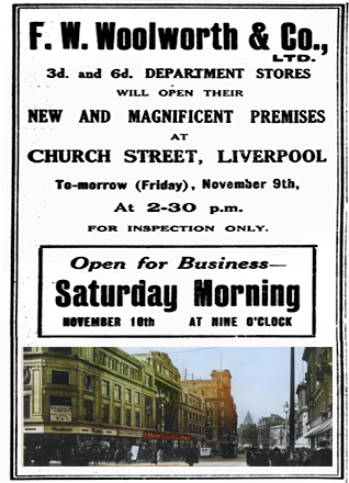 The British Woolworth's new Managing Director, William Stephenson, decided not to renew the lease on the company's original premises in Liverpool, instead gaining approval for the Construction of the company's most ambitious building to date, on the site of the City's pro-Cathedral. The Company architects came up with a design that met with approval from the City Fathers as a 'new Cathedral of Commerce' and were granted a 999-year lease on the building for a peppercorn rent of just a pound or two. Construction completed quickly and the business crossed the road as FWW entered its fifteenth year of trading in the 'second seaport of the Empire' on England's North West coast