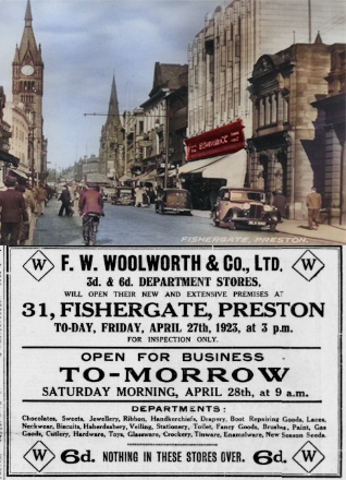 The lease of the Woolworth in the cotton capital of England, Preston in Lancashire, was also due to expire in 1924. It was large, awkardly-shaped multi-floor store which had struggled to cope with the crowds on Fridays and Saturdays since its first days, and had no room for further expansion. The firm acquired the freehold of a brewery site down the other end of Fishergate, near the station rather than the Guildhall, and came up with an 'Art Deco design to be proud of' for the wide and deep site. It left space for a future extension if the new location was a hit.Building work completed well ahead of schedule, allowing the company to move out of the original premises and sublet them temporarily for a year before the lease expired. Both the original and the new buildings still stand today.  Stephenson dedicated the Preston store to his friend and sparring partner, the Founding MD of the British chain, Frank's cousin Fred Moore Woolworth
