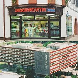Sacrifices made to ensure the survival of the German brand when Woolworth GMBH was bought out of administration in 2009. Top: Woolworth Mini stores had diluted the chain's value proposition, concentrating instead on the convenience of shops in smaller markets. Bottom: The huge L-shaped headquarters in Frankfurt had been specified in earlier, more affluent times when the chain could afford to carry a huge buying and central administration operation to match the structure used by the parent company in the USA.  The replacement in Unna combines Buying, Admin and Supply Chain is a single purpose-built design with plenty of room for expansion, but low overhead costs and very high efficiency, to help the chain to offer superior value for money in its stores.