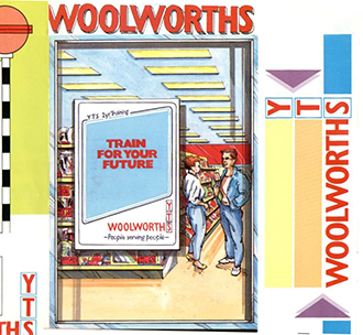 A window poster promoting Woolworths new training programme for people on the British Government's YTS or Youth Training Scheme, pictured in 1986