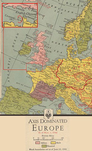 From the F. W. Woolworth war atlas (sold only in North America) - a map of axis dominated Europe in 1942.  The Channel Islands are coloured yellow as Axis rather than Allied Territory.