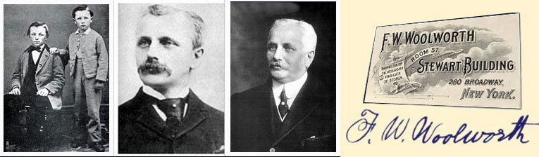 Frank W Woolworth, Five and Ten Cent Store magnate. Left to right: with brother Sumner circa 1860, as a young man in the 1880s, in his last year 1919, and a business card from his offices in the Stewart Building, c1900
