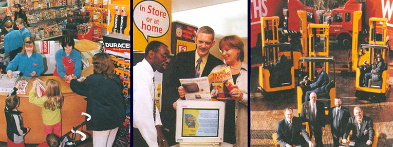 Snapshots of working for Woolworths in 1998 from a company brochure: left store staff in the White Rose, Leeds store, centre Reg Hull, Paul Seaton and Jacqui Stephens from the New Channels Team at Head Office, right: Distribution Centre management from Swindon celebrating achieving the coveted ISO 9002 status for their operations