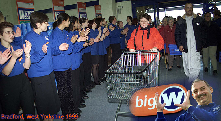 Blue sweatshirts and slacks made a practical and durable staff uniform for Big W stores like Bradford, West Yorkshire (pictured on its opening day). Inset, epitomizing colleague culture is Big W evangelist and MD Bob Hetherington