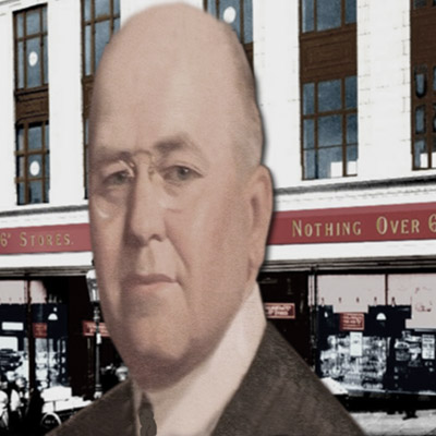 A porttrait of Woolworth UK's Founding MD, Fred Moore Woolworth from around 1921, standing outside the flagship store in Spiceal Street, Bull Ring, Birmingham (Store 103) at the Heart of England, one of the last openings that Fred oversaw personally. A cousin of Frank, the American Dimestore Magnate, Fred's energy, drive and attention to detail helped Woolworth UK to take hold much more quickly than the formula had done across the Atlantic. Fred's common touch and friendly demeanour meant that virtually every member of staff across the organisation felt that they knew him personally and considered him a friend, proving that in bygone days bosses did not have to be aloof and arrogant to succeed.