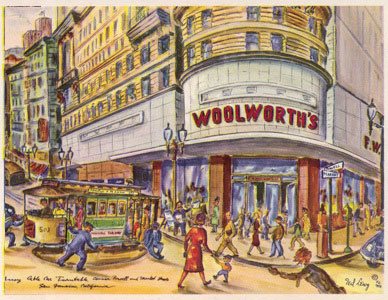 A picture postcard for tourists with a fabulous cartoon drawing of the Woolworth's store on the corner of Market and Powell in San Francisco