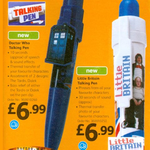 Talking pens from Woolworths - featuring the BBCs popular Doctor Who and Little Britain programmes - £6.99 each in 2006