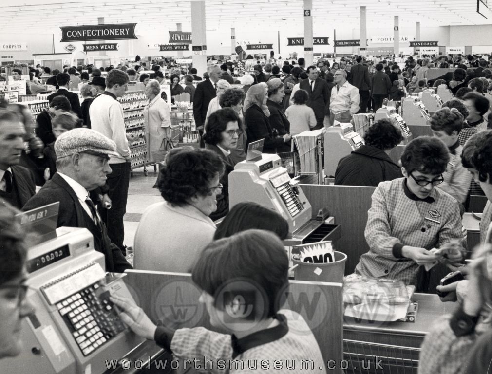 A close-up view of one Woolco Thornaby's long line of twenty-six checkouts, each fitted with state-of-the-art NCR electro-mechanical cash registers, which recorded range-level sales and assisted with stock control