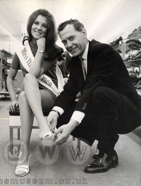If this glass slipper fits, we promise no pickled onions, ever again!  Woolco General Manager with his very own beauty queen, (1968's Miss United Kingdom, Kathleen Winstanley) who was later seen leaving in a pickled pumpkin and a fine pair of Woolco sandals.