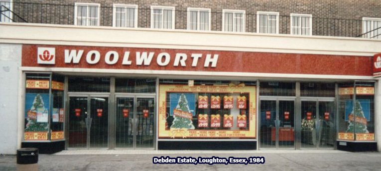The rather spartan Christmas window displays illustrate Woolworth's new thinking in the 1980s. The store on the LCC Debden Estate in Loughton, Essex is pictured shortly before Christmas 1984.
