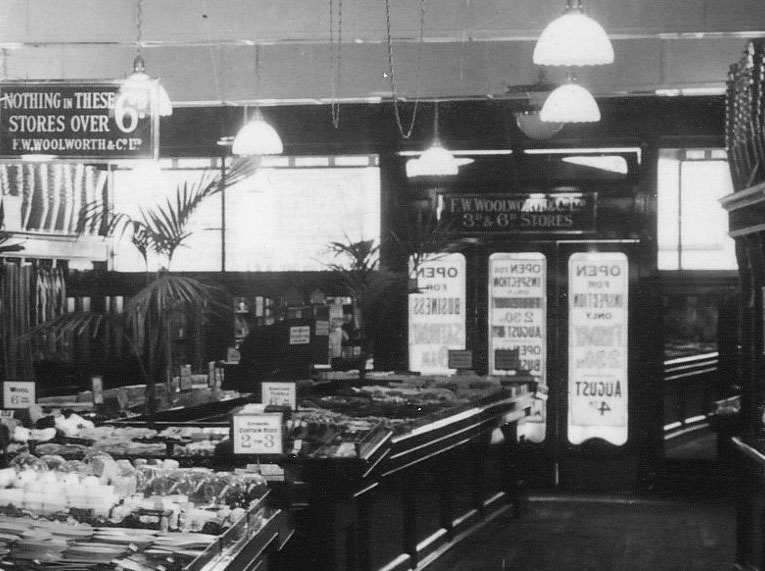 A close up of the interior of the entrance doors in the Liverpool Woolworths in 1923, the day before opening in the new larger premises.