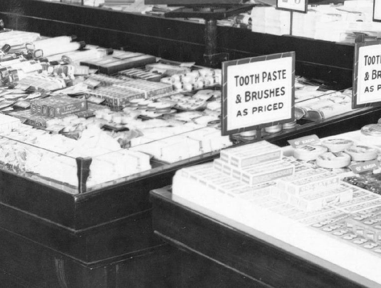 A gondola (island) counter filled with Toiletries at the front of the F. W. Woolworth store in Liverpool, pictured in August 1923