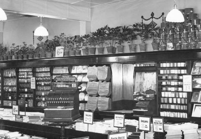 A self selection display on mahogany shelves on the front wall of the Woolworth store in Liverpool in 1923