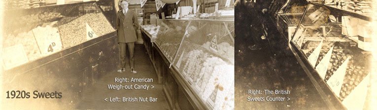 Sweet counters from the British and American Woolworth chains, pictured in the 1920s