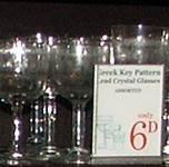 Greek key pattern lead crystal glasses were very popular in Woolworths stores in the 1910s and 1920s, and were sold in very large quantities.