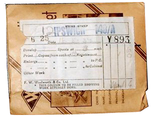 A photograph developing and printing envelope from F. W. Woolworth in Ipswich, dated 18th May 1937.
