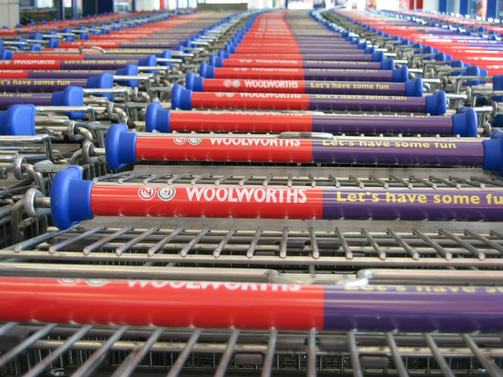 A long row of shopping trollies at the out-of-town Woolworths in Bristol Hartcliffe (2005)