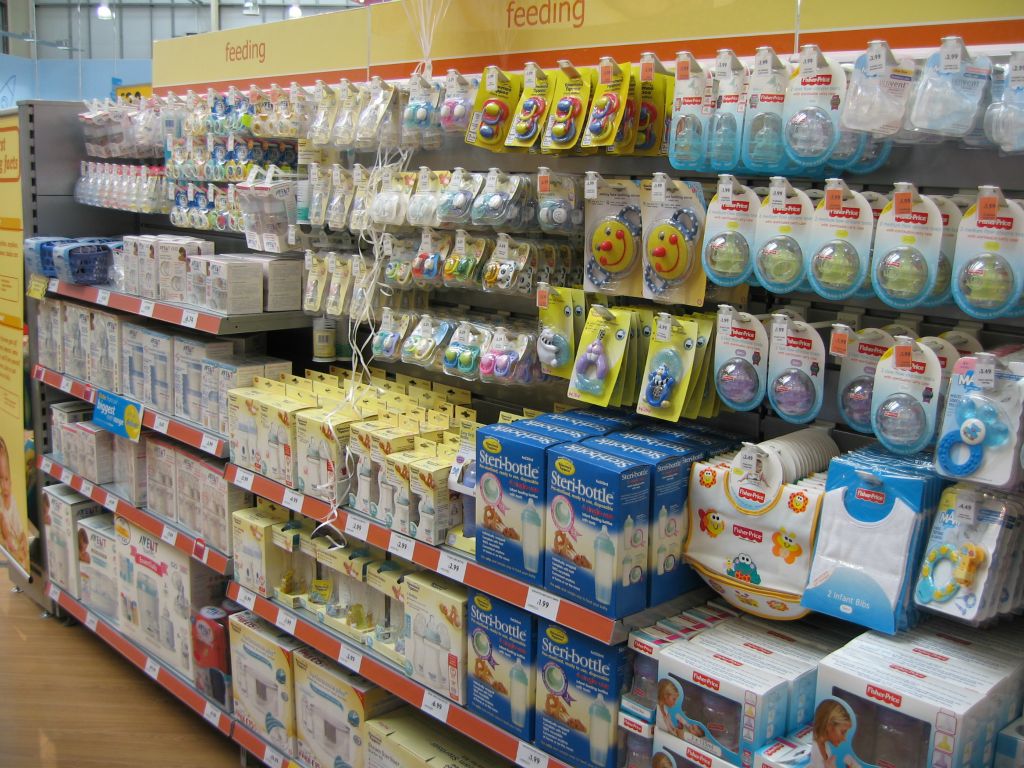 The extensive range of baby feeding accessories at Woolworths out-of-town (2005)