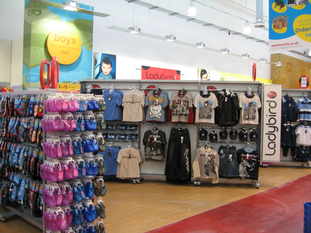Bold displays of kids shoes and boys t-shirts at the Bristol Hartcliffe Woolworths