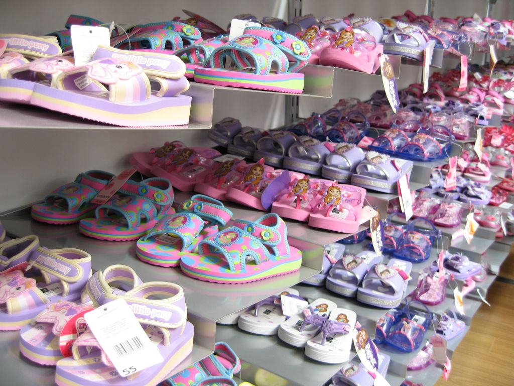 Close-ups of some of the trendy girls footwear offered at a Bristol Woolies in 2005