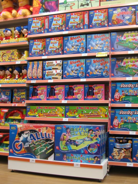 A wall display of Chad Valley toys, made exclusively for Woolworths, in the Bristol Hartcliffe out-of-town store (2005)