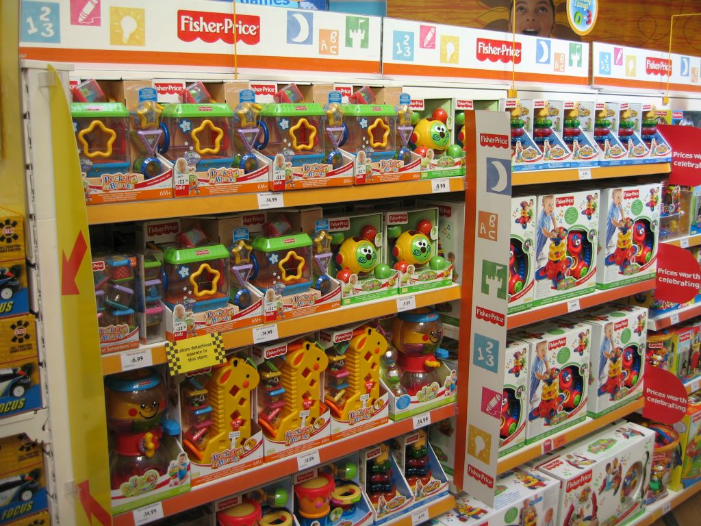 A large display of Fisher Price toys for babies and toddlers, pictured in the Woolworths out-of-town store in Bristol Hartcliffe in 2005