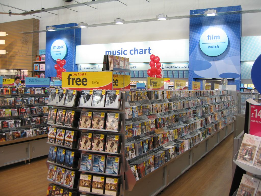Aisle after aisle of CDs and DVDs, with a range to rival any specialist, in an out-of-town Woolworths store in 2005