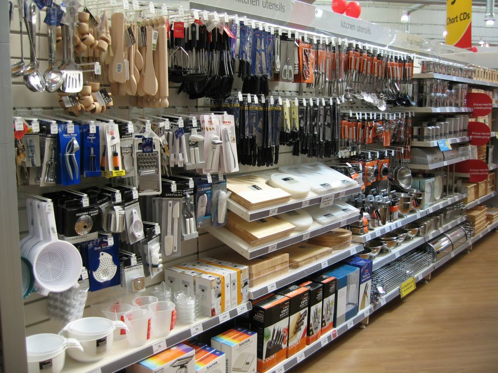 A well-stocked display of kitchen tools and cutlery in the Woolworths out-of-town store in Bristol Hartcliffe in 2005