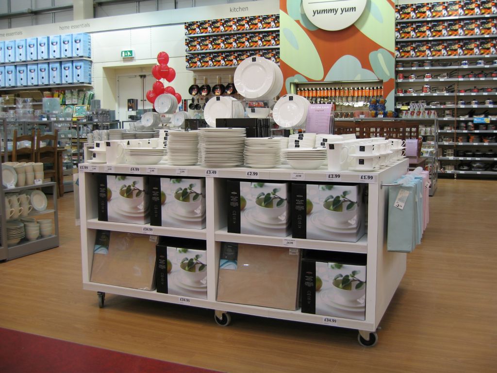 Upmarket ranges of plain white porcelain plates and bowls in an out-of-town Woolworths store in 2005