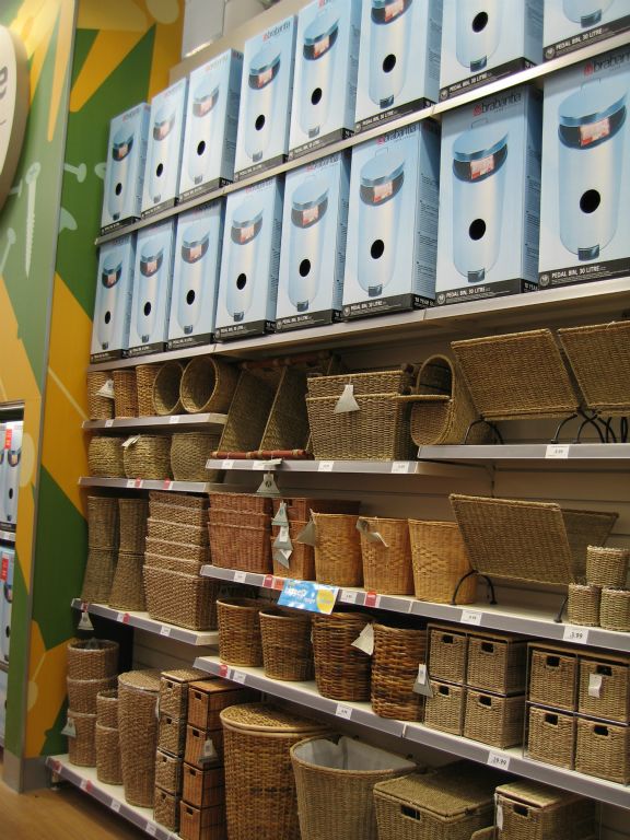 Rattan and wicker baskets and hampers on display in an out-of-town Woolworths store, which had plenty of space for such low price-density products (2005)