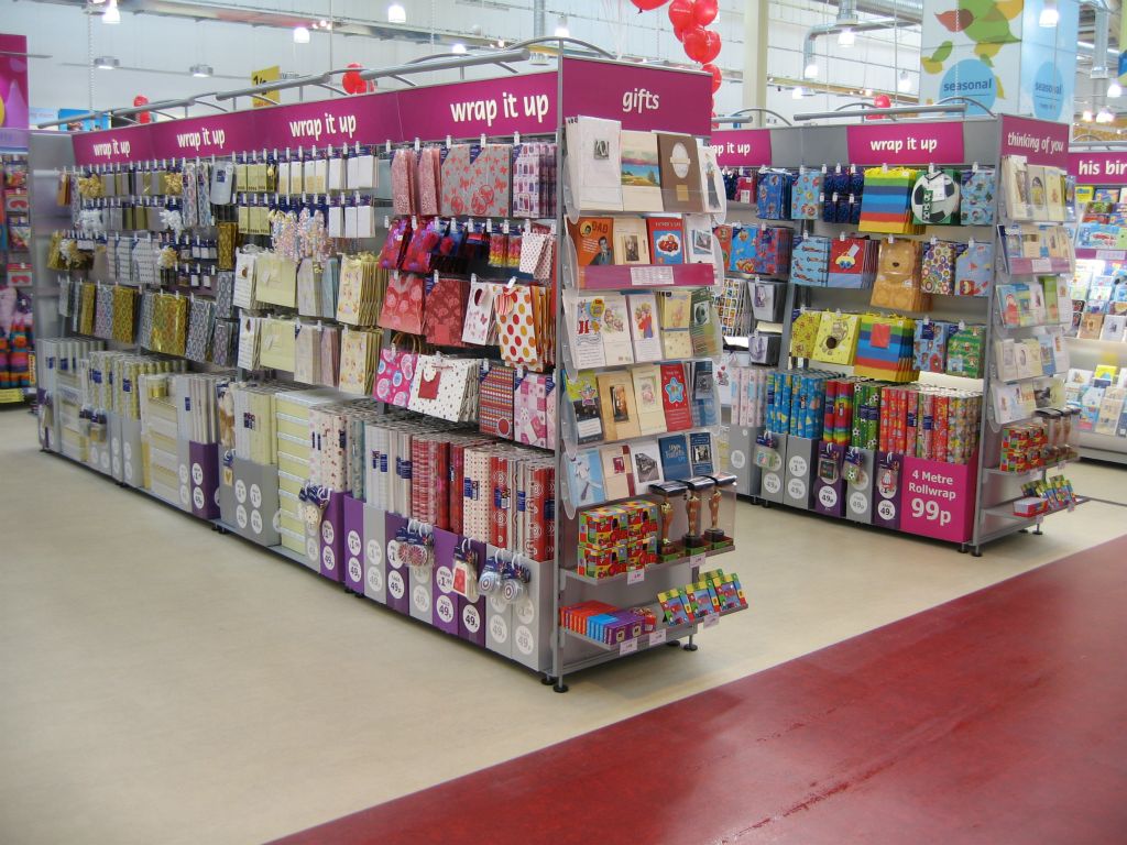 Tall illuminated stands for cards and wrapping paper were a hallmark of the Woolworths Kids and Celebrations strategy